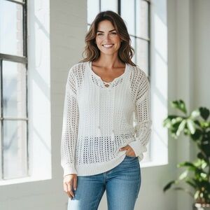 Saks Fifth Avenue Cream Open Knit Lace Up Sweater Tunic Small Womens Boho Tassel